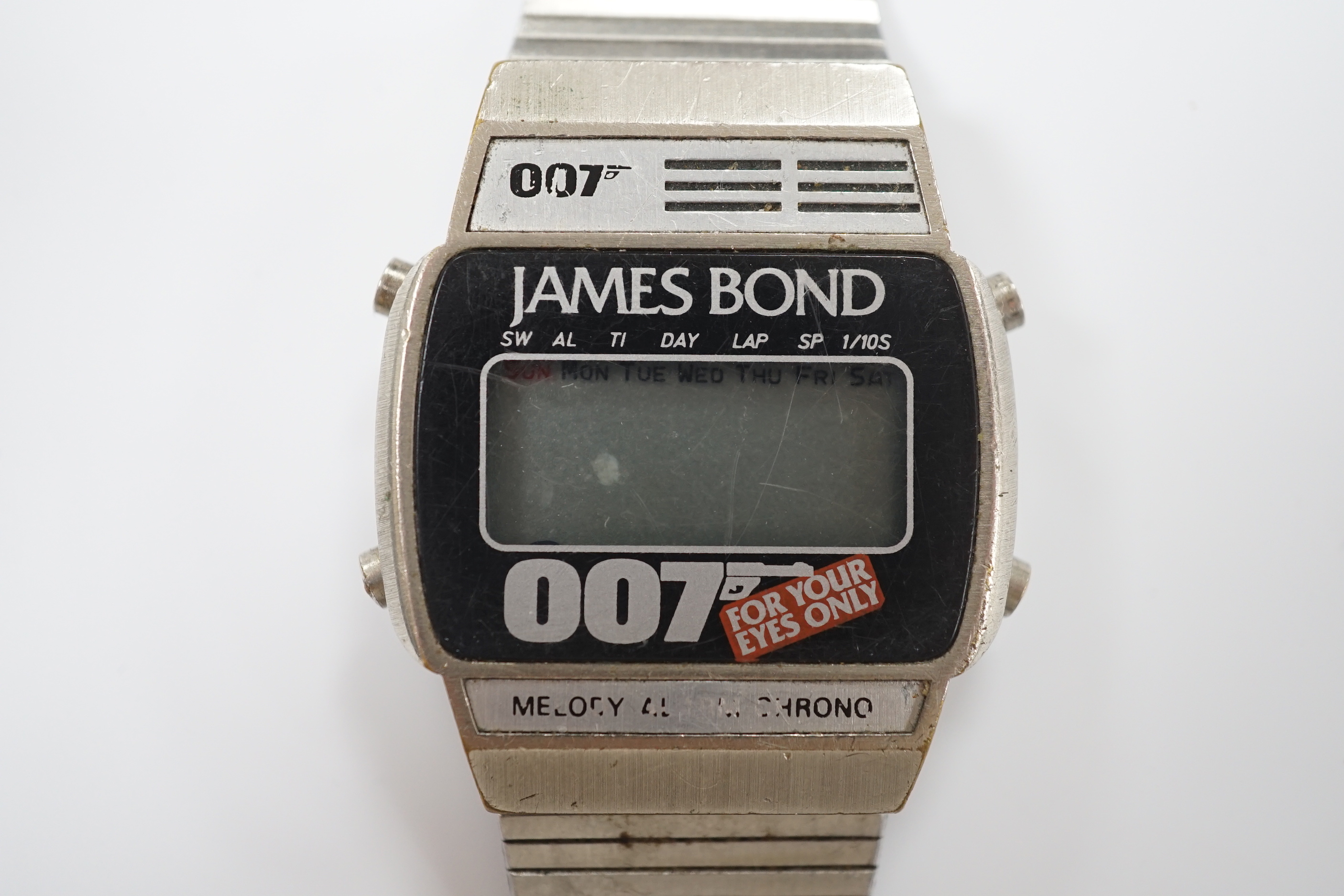 An early 1980's stainless steel James Bond 007 'For Your Eyes Only' digital quartz wrist watch, no box or papers.